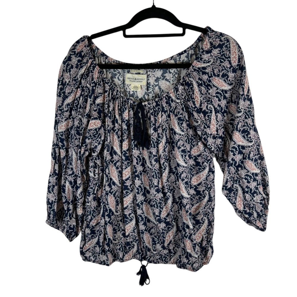 Denim & Supply Ralph Lauren Paisley Peasant Blouse Navy Pink Boho Tassel Top XS